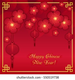 Greeting postcard to Chinese New Year. Flowers of purple plum with sky lanterns on deep crimson background with bokeh and gold oriental frame. Vector illustration