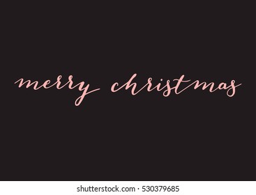 Greeting postcard for Christmas day design with calligraphy. Hand written modern lettering Merry Christmas. Brown letters and decoration on pink background. Vector illustration.
