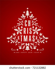 Greeting Postcard with Christmas Tree made of Various Christmas Elements.
