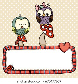 Greeting postcard with cute owls in love
