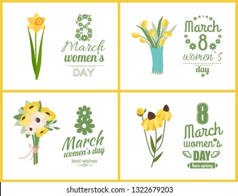 Greeting postcard decorated by yellow flowers, bouquet of tulip, daisy and violet, peony on white. Colorful spring plants, natural decoration vector. 8 March. Early spring and summer flower