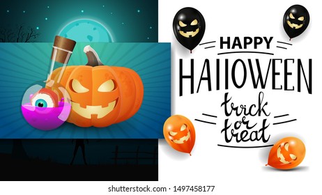 Greeting postcard, happy Halloween, trick or treat, card with pumpkin Jack and witch's potion. Halloween postcard with halloween landscape on the background