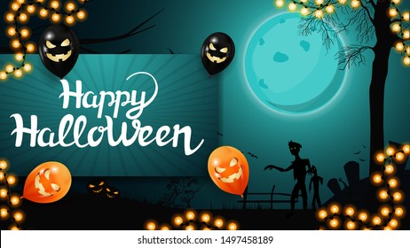 Greeting postcard, happy Halloween, trick or treat, card with halloween landscape on the background