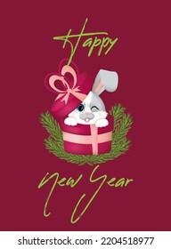 Greeting postcard. Happy new year 2023 with symbol of the year rabbit (hare). 