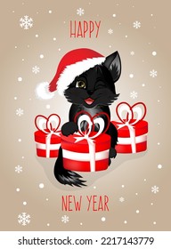 Greeting postcard. Happy new year and Merry Christmas with black cat and red gifts boxes.