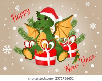 Greeting postcard. Happy new year and Merry Christmas with green dragon and red gifts boxes.