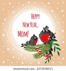 Greeting postcard. Happy new year and Merry Christmas with cute, funny family of bullfinchers. You can change the text. Vector illustration EPS10.