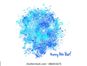 Greeting postcard Happy New Year and Merry Christmas. Mandala Snowflake. Arabic and Indian style.