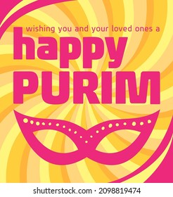 Greeting postcard for HAPPY PURIM party event. Illustration of a mask and yellow background in bold colors.