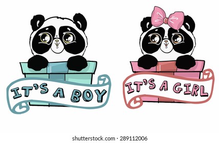 Greeting postcard panda, vector illustration beautiful kids style, baby boy shower card. It's a boy. It's a girl.