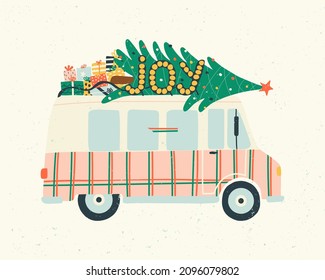 Greeting Postcard with retro car with a Christmas tree and gifts. Christmas minibus with signboard lettering joy. Hand drawn vector illustration. 