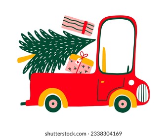 Greeting postcard with retro cartoon pickup car.  Red truck with christmas tree, shopping and gifts for Christmas. Vector illustration for card, cover, t shirt, bag. 