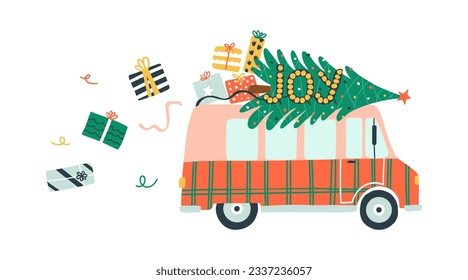 Greeting postcard with retro van.  On the roof of caravan Christmas tree and gifts. Christmas truck with signboard lettering joy. Vector illustration for card, cover, t shirt, bag. 
