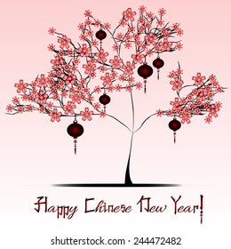 Greeting postcard with sakura tree to Chinese New Year on pale pink background. Vector illustration