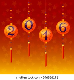 Greeting postcard with sky lanterns and 2016 inside them to Chinese New Year. Vector illustration