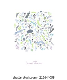 Greeting postcard with sleeping cats and flowers. Cute cartoon illustration.