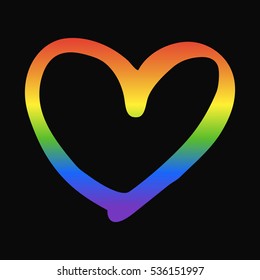 Greeting postcard for Valentines day design. Made for LGBT community. Hand drawn modern heart. Gradient rainbow heart on black background. Vector illustration.