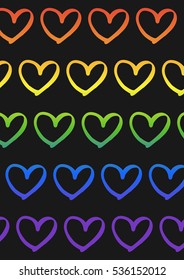 Greeting postcard for Valentines day design. Made for LGBT community. Hand drawn modern hearts pattern. Gradient rainbow hearts on black background. Vector illustration.