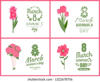 Greeting postcard of womens day decorated by pink flowers, bouquet or flavor with best wishes, papercard set of blossom on white, love spring vector. 8 March