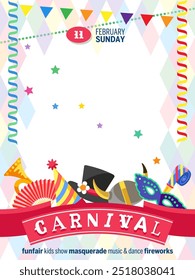 Greeting poster for Carnival with colorful festive elements separated on white background. Place for your text message. Flat design. Vector illustration.