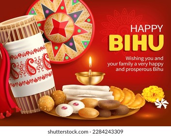 Greeting poster with drum (dhol, onoinya) decorated with gamosa, japi (bamboo hat) and sweets (laddu, pitha, gujiya) for North Indian Assamese New Year (and harvest) festival Rongali (Bohag) Bihu. 