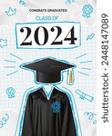Greeting poster of graduation 2024. Vector collage with graduation cap and gown on torn notebook leaf and crumpled paper. Graduation collage for decoration social media, poster, degree ceremony.