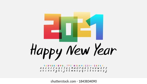 Greeting poster Happy New Year 2021. Multicolor transparent cartoon numbers and handwritten letters font black color. Vector illustration