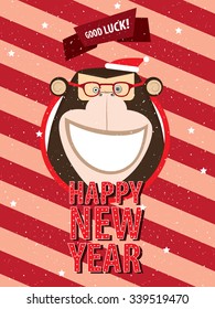 Greeting poster Happy New Year happy monkey in festive frame