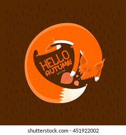 Greeting poster: Hello autumn. Creative hand drawn card with cute fox and leafs. Vector cartoon illustration.  