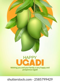 Greeting poster for Indian New Year festival Ugadi (Yugadi, Gudi Padwa) with branch of green mango (aam) fruit. Vector illustration.