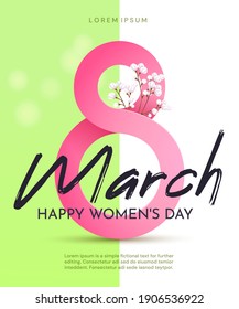 Greeting poster for International Women's Day (March 8).Pink number 8 with gypsophila on a white-green background with an inscription.