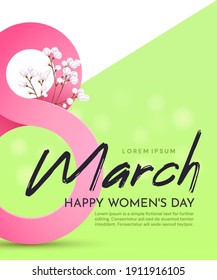 Greeting poster for International Women's Day (March 8).Pink number 8 with gypsophila on a white-green background with an inscription.