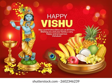 Greeting poster with Krishna Murti, uruli (offering vessel) and konna flowers for South Indian New Year festival Vishu (Vishukani). Vector.