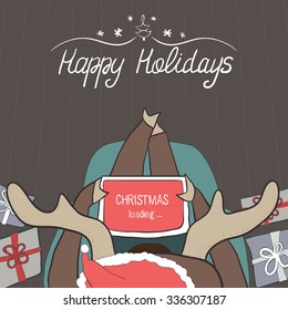 Greeting  poster on Holidays with deer and tablet .Vector hand drawn illustration. Christmas greeting. Postcard deer on Christmas