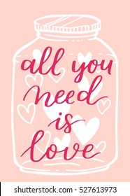 Greeting poster for Valentine's Day. Vector card with brush lettering and hand written elements. Pink and white color label for your design and invitation.