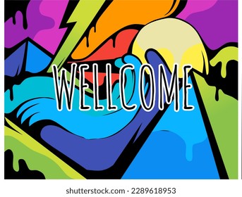 Greeting poster "wellcome" with abstract background and colorful