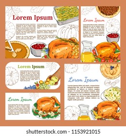 Greeting posters and banners with symbols of thanksgiving - roast Turkey, pie, pumpkin, cranberry sauce, mashed potatoes, green beans, mashed potatoes, cornucopia, fruit, harvest.