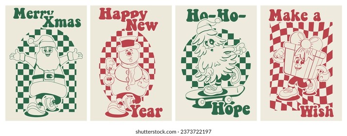 Greeting posters in retro cartoon style Merry Christmas. Santa, Snowman, Christmas tree, Gift in modern vector design.