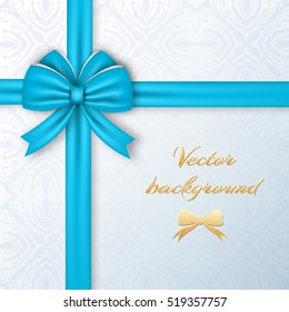 Greeting present card template with blue luxury ribbon bow on light decorative background vector illustration