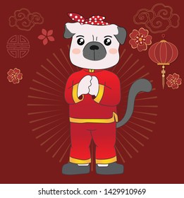 Greeting Pug Dog in Chinese Suit on a Red Background