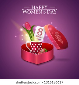 Greeting purple card for women's day with gift in form of heart, tulip in a mug