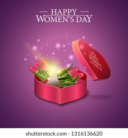 Greeting purple card for women's day with gift in form of heart, bouquet of tulips