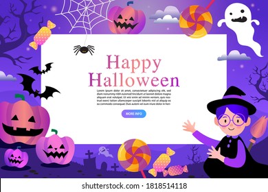 Greeting purple postcard, happy Halloween, card with pumpkin Jack, child, candy and ghost. 