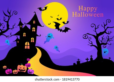 Greeting purple postcard, happy Halloween, card with pumpkin Jack, child and ghost.