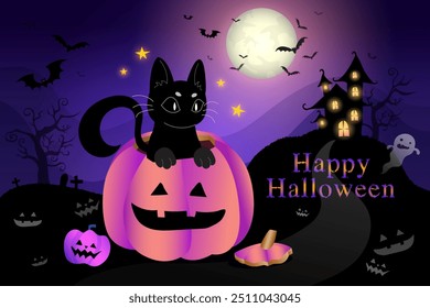 Cartão postal roxo, banner feliz Halloween, cartão com abóbora Jack, gato preto, criança, doce e fantasma. teia de aranha, morcego fantasma voador. Ilustração vetorial.