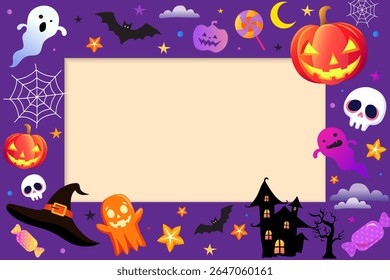 Greeting purple postcard, happy Halloween, card with pumpkin Jack and ghost. Flat Vector illustration.