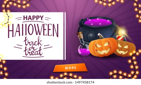 Greeting purple postcard, trick or treat, card with wooden sign, witch hat and pumpkin Jack