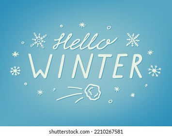 Cita de saludo Hello Winter sobre fondo azul claro. Ilustración vectorial con letras para calendario, postal, etiqueta y otra decoración de invierno. Afiche inspirador.
