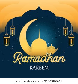 greeting ramadan kareem islamic with arabic lantern and islamic moon. gold and blue color