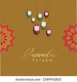 Greeting Ramadan Kareem template design and lantern backgrounds. Modern Islamic greeting card template and wallpaper design. Poster and social media banner vector illustration. translated: Ramadan. 